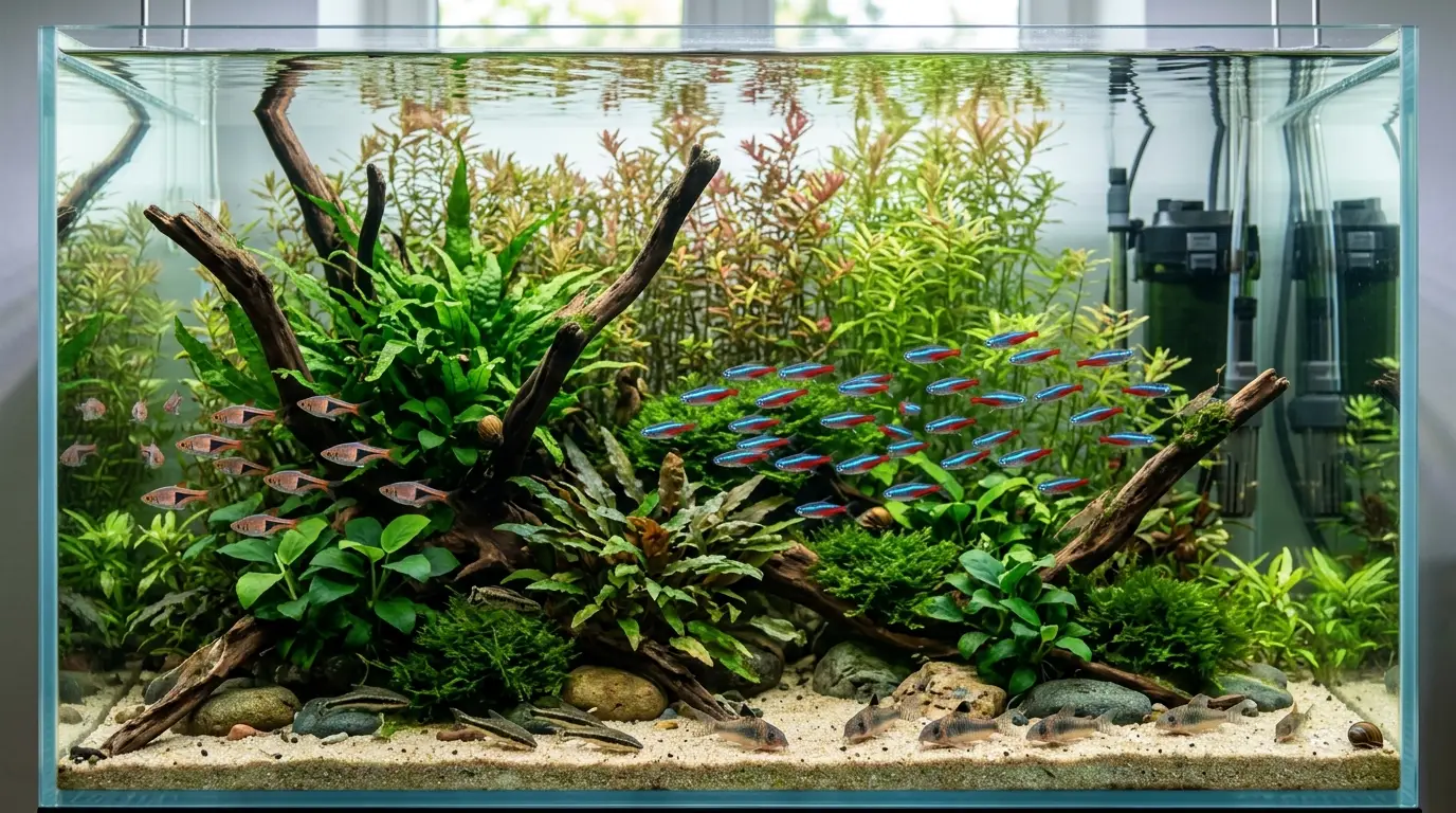 Neon tetras in a peaceful planted aquarium contrasted visually with the presence of larger aggressive fish kept outside the community setup.