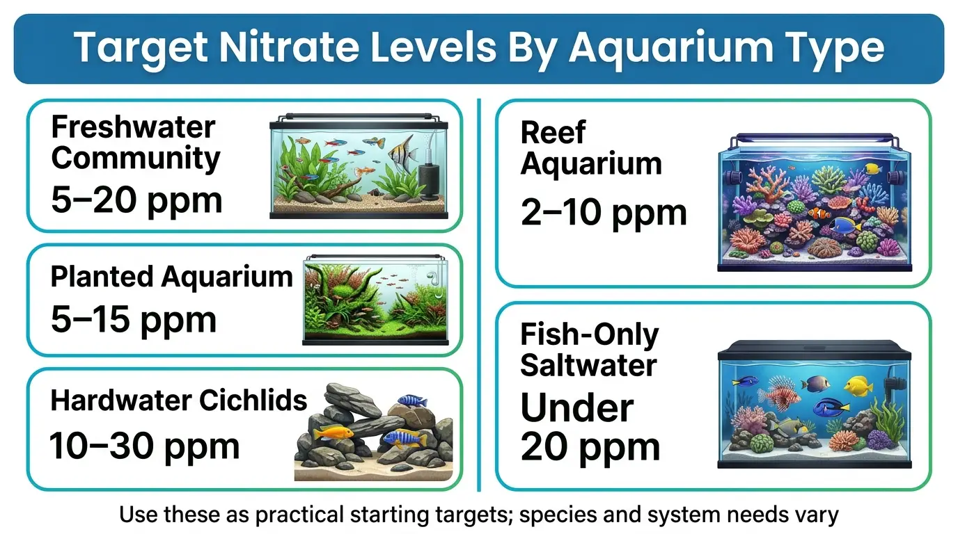 Infographic comparing recommended nitrate target ranges for freshwater, planted, cichlid, reef, and fish-only saltwater aquariums.