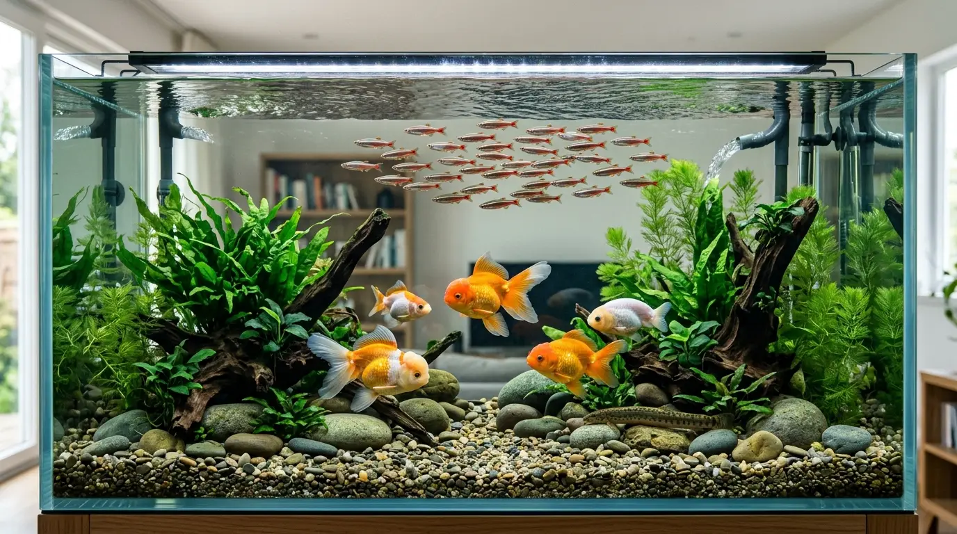 Goldfish sharing a spacious cool-water aquarium with White Cloud Mountain Minnows and other carefully selected temperate tankmates.