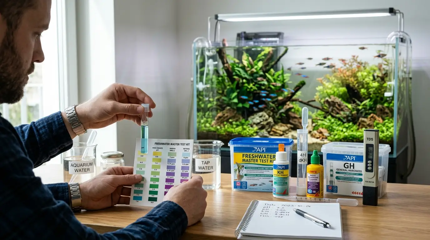 Aquarium hobbyist testing pH, KH, GH, and TDS in both aquarium water and tap water before making adjustments