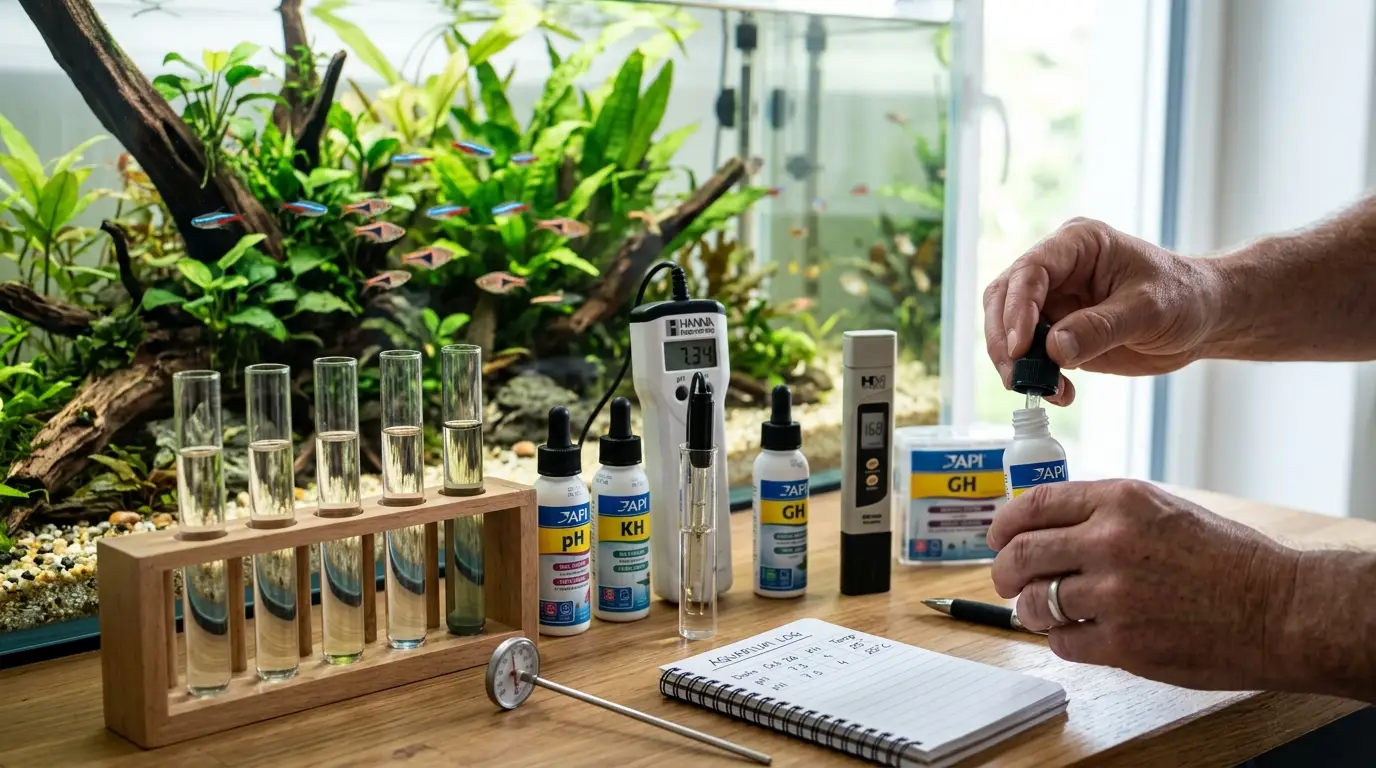 Aquarist measuring aquarium pH and KH before adjusting water chemistry in a planted freshwater tank.