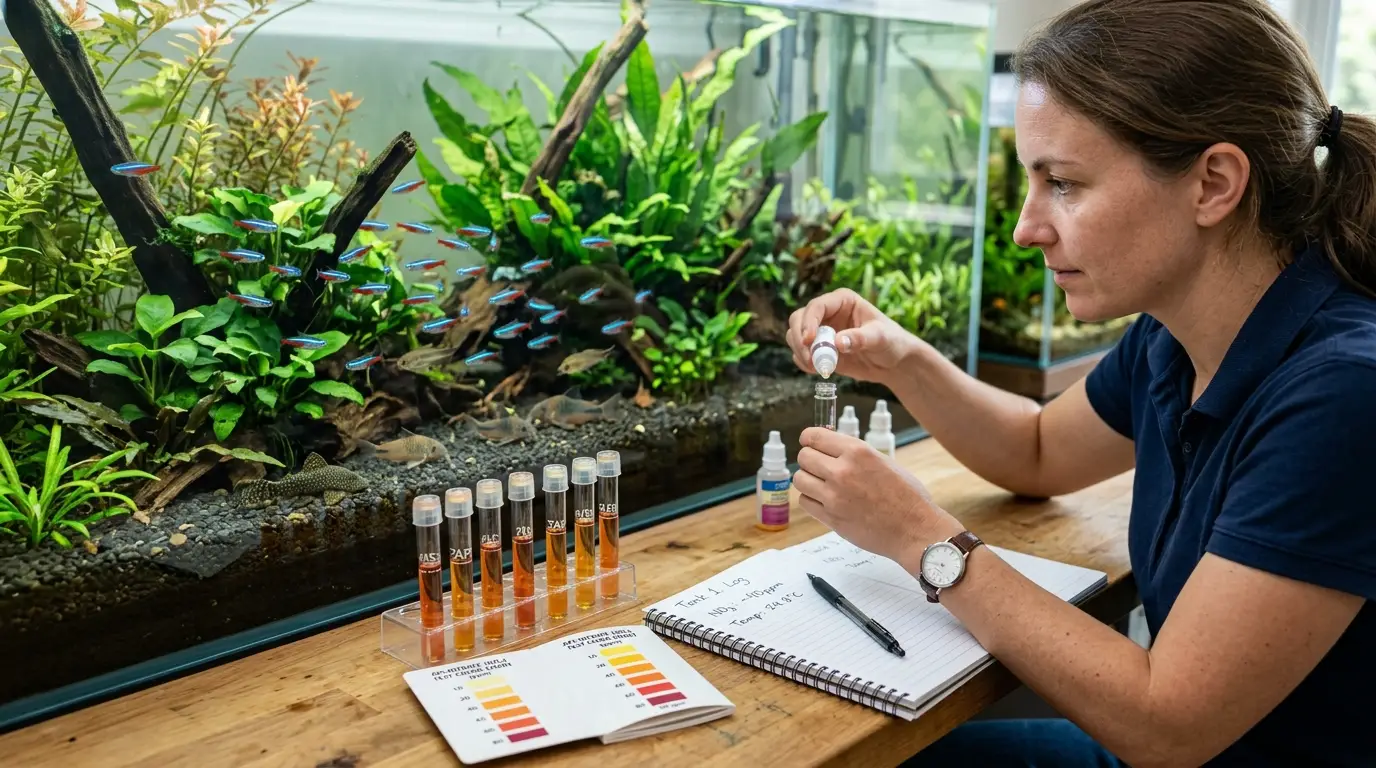 Aquarist measuring nitrate levels beside a freshwater aquarium while inspecting fish health and water clarity.