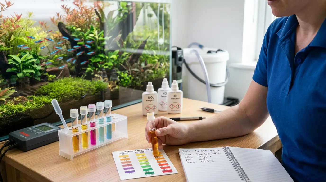 Aquarist comparing aquarium nitrate test results before and after a water change using a liquid water testing kit.