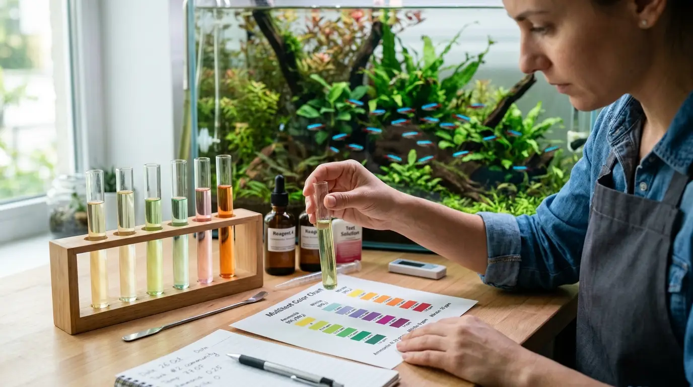 Aquarist comparing aquarium water test tube colors using a liquid test kit to monitor nitrite and ammonia levels.