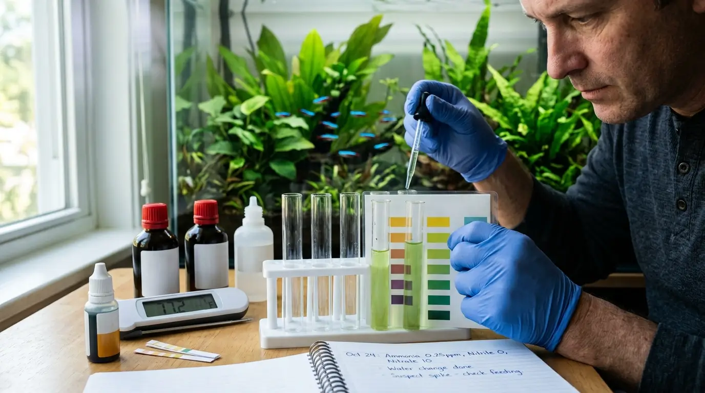 Aquarist using a liquid water test kit to measure ammonia, nitrite, nitrate, pH, and temperature in a freshwater aquarium.