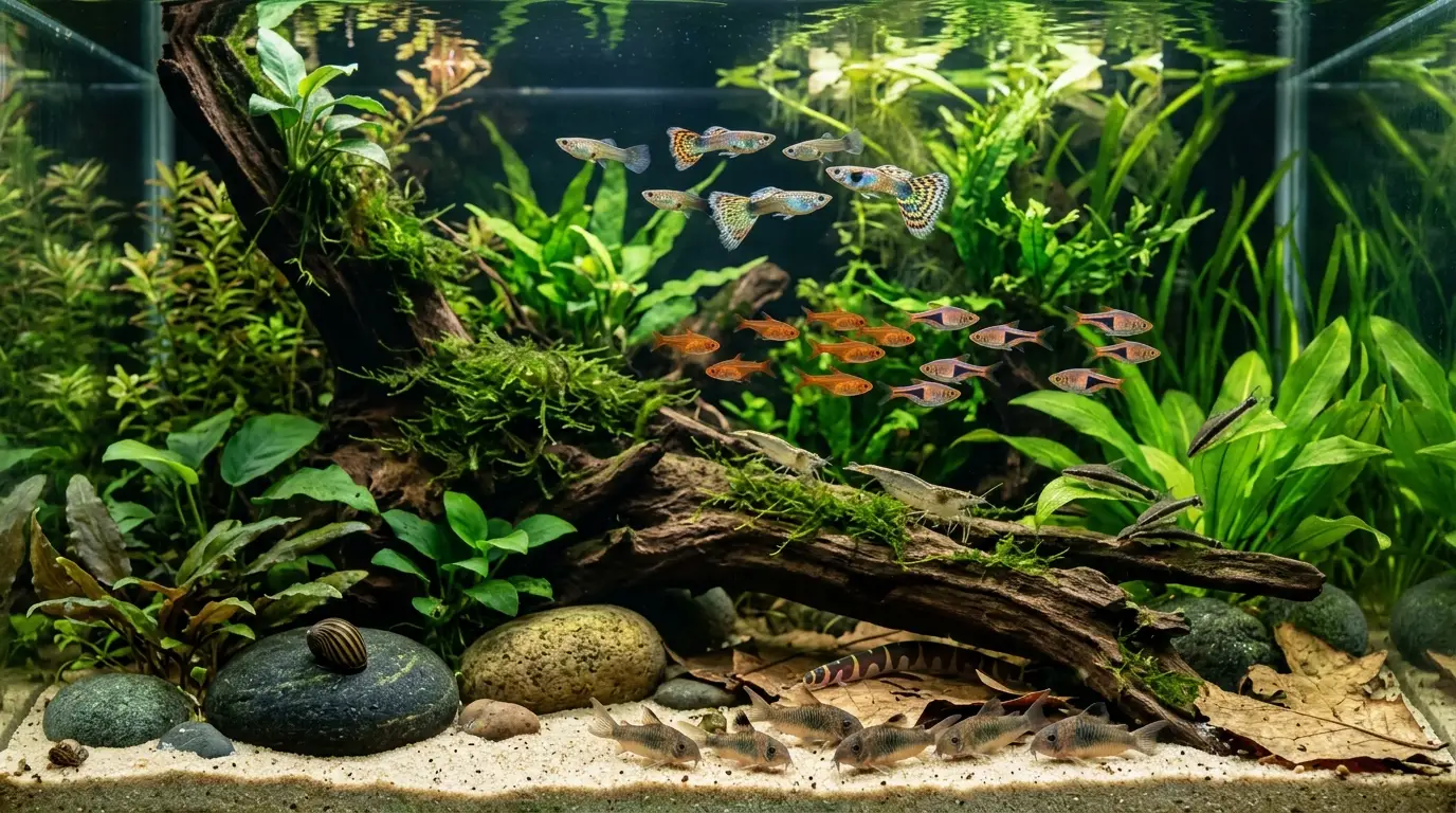 Guppies living peacefully with ember tetras, harlequin rasboras, corydoras, otocinclus, kuhli loaches, shrimp, and snails