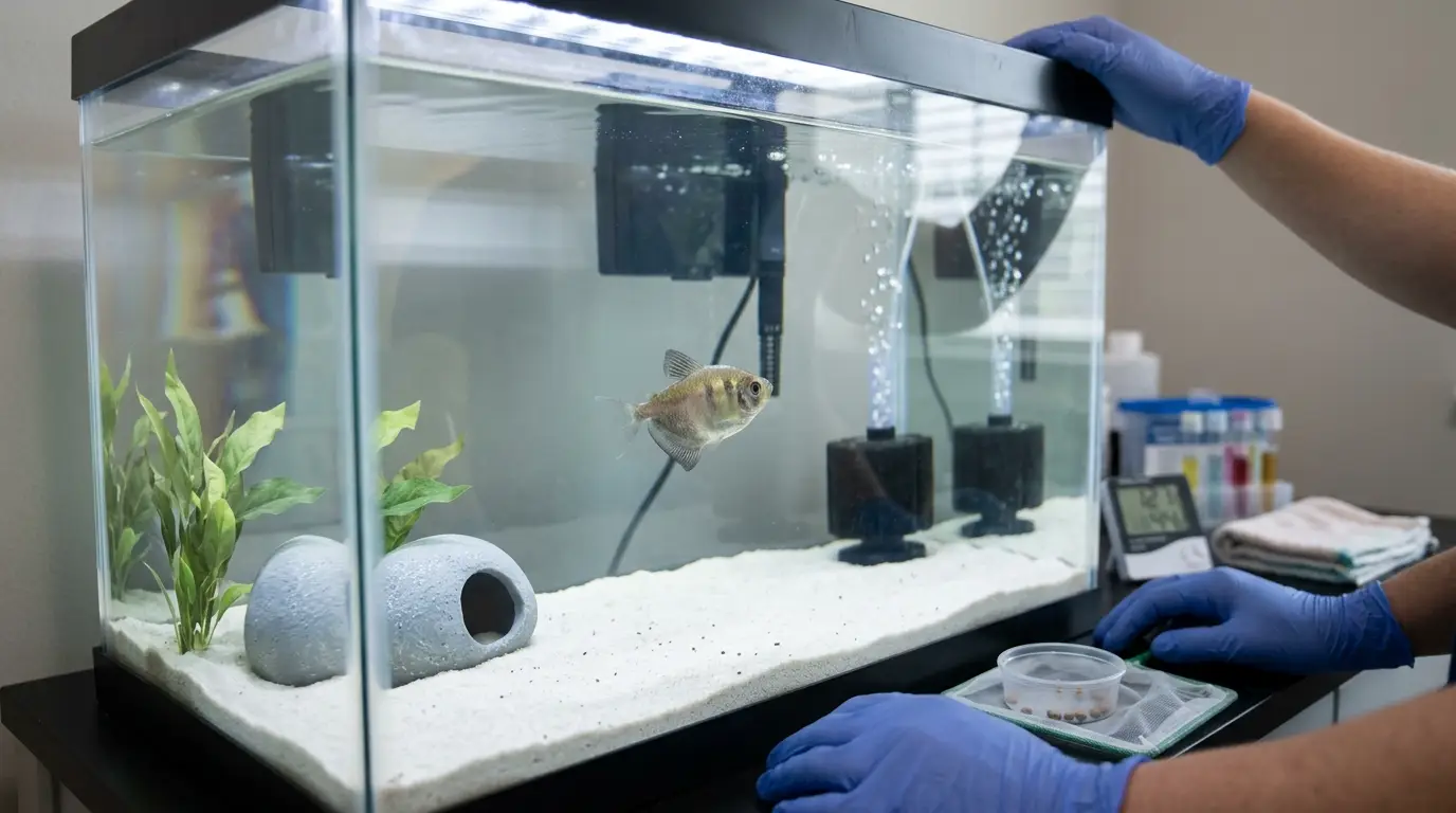 Aquarist caring for a sideways-swimming fish in a separate hospital aquarium with gentle flow and aeration.