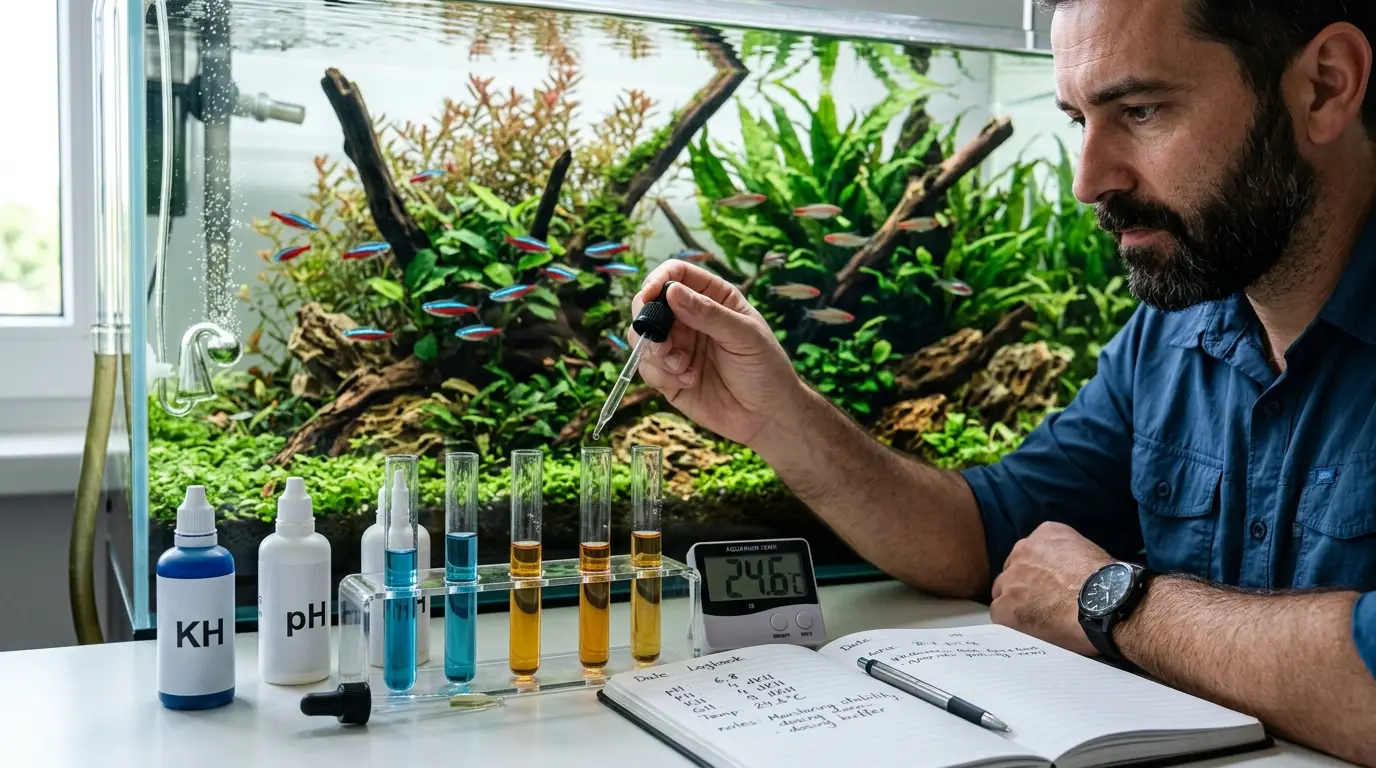 Aquarist checking KH and pH test results in a planted aquarium while monitoring water chemistry.