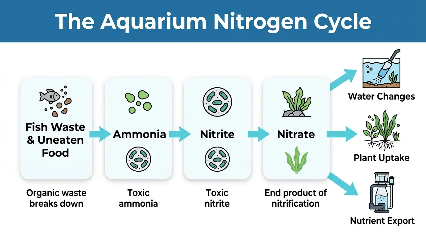 Freshwater aquarium ecosystem illustrating the natural conversion of fish waste into ammonia, nitrite, and nitrate through biological filtration.