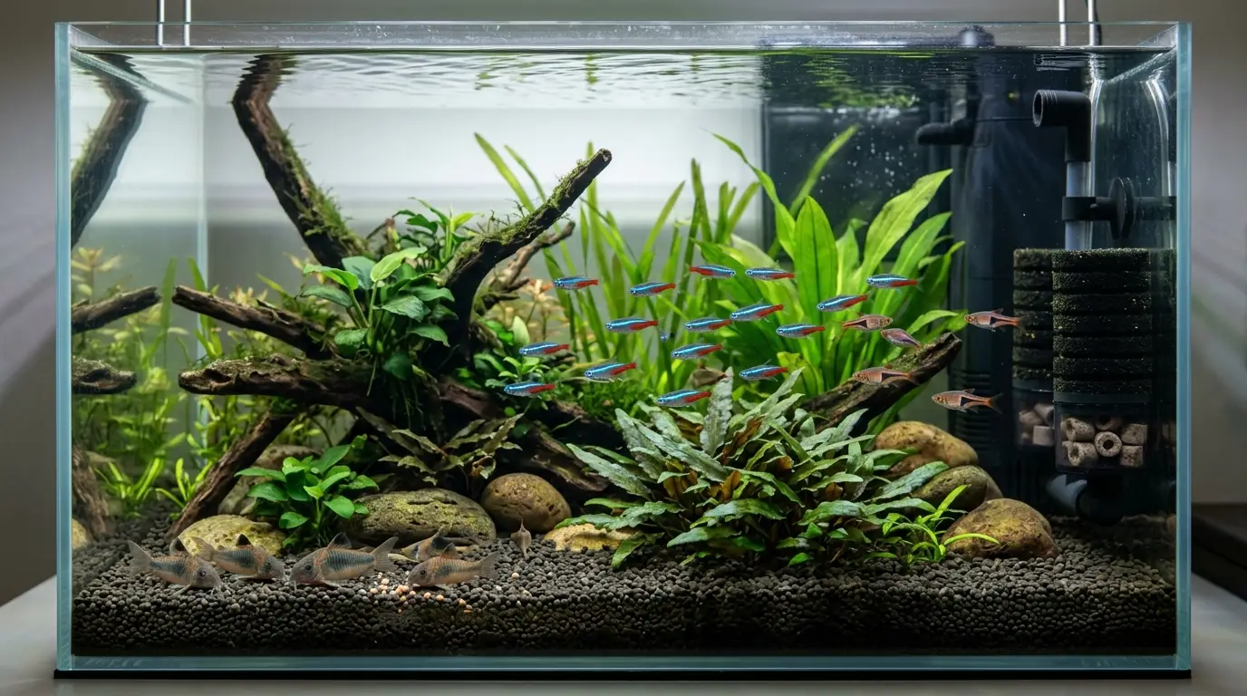 Educational aquarium scene showing fish waste, beneficial bacteria, and biological filtration in a freshwater aquarium.