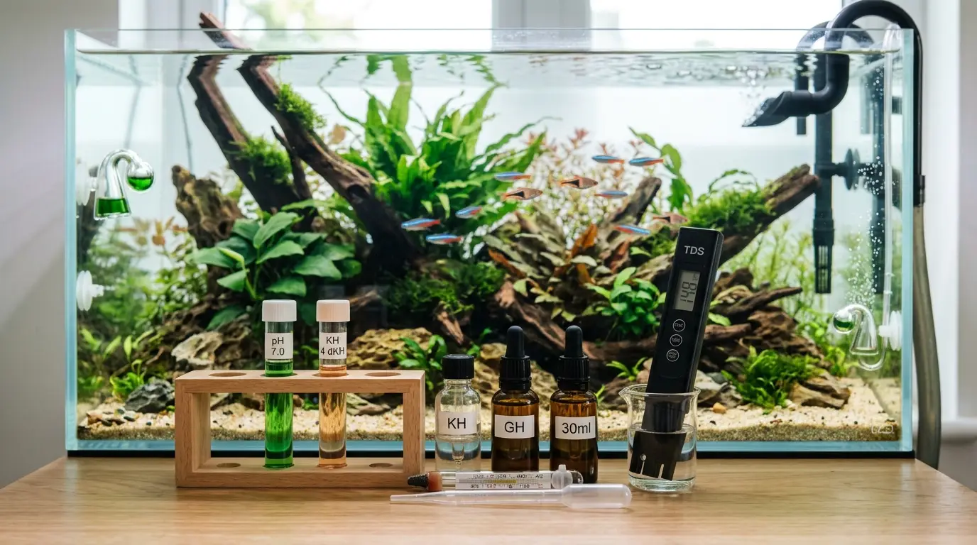 Aquarium water testing setup showing pH, KH, GH, TDS, and CO2-related equipment beside a planted aquarium.