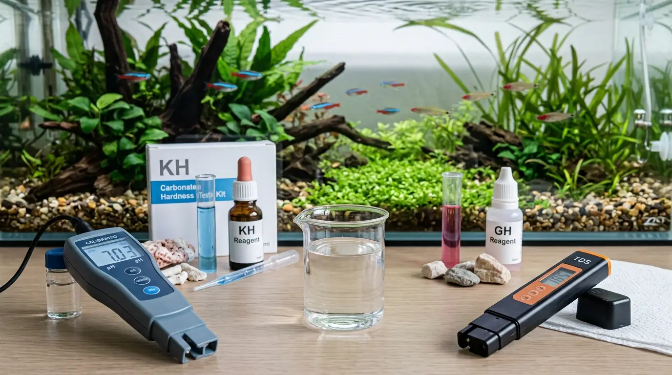 Aquarium water testing setup showing pH, KH, GH, and TDS measurement tools beside a freshwater aquarium