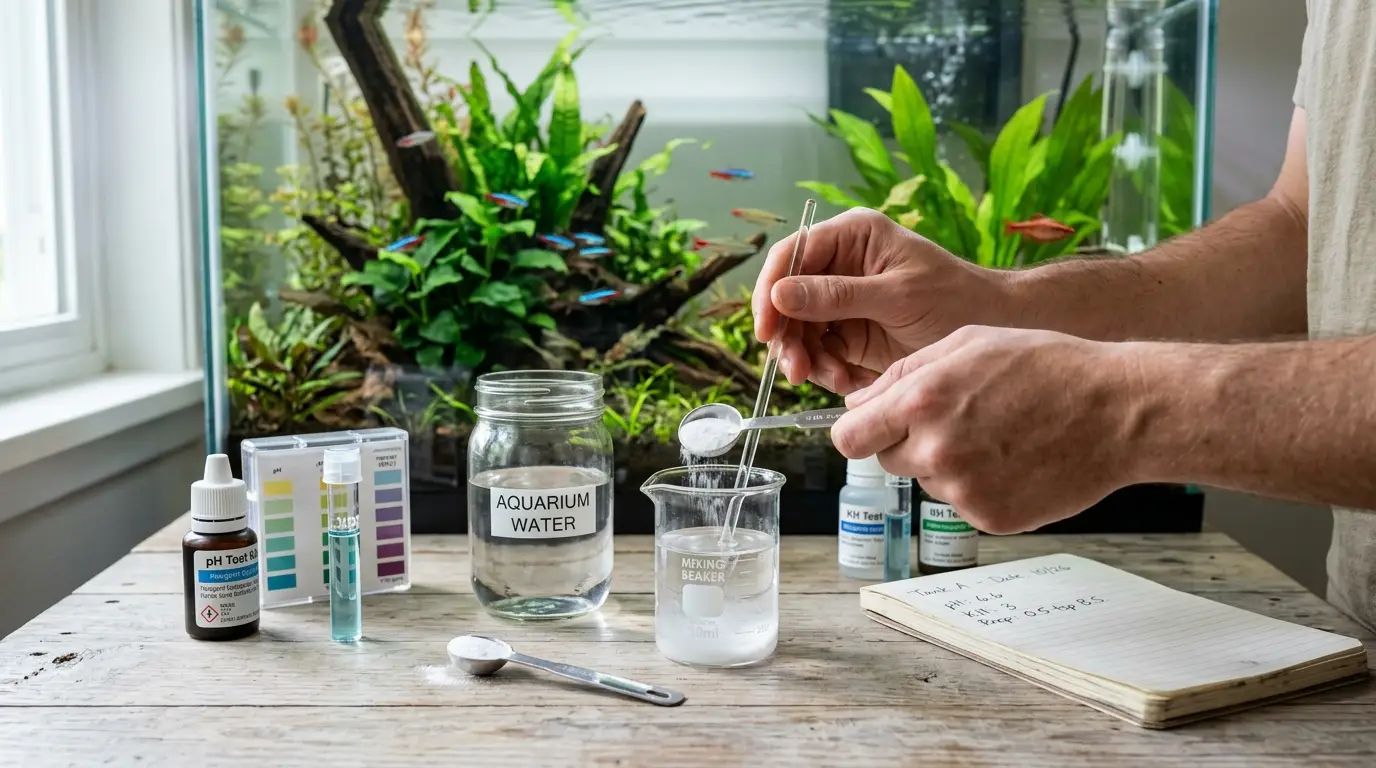 Aquarium hobbyist measuring a small amount of baking soda beside a water container and aquarium testing equipment