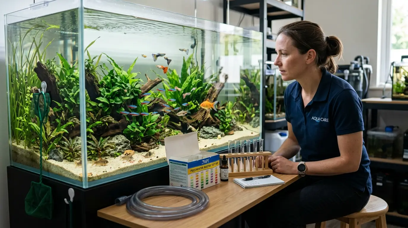 Aquarist observing freshwater fish and checking aquarium water after introducing an occasional human-food treat.