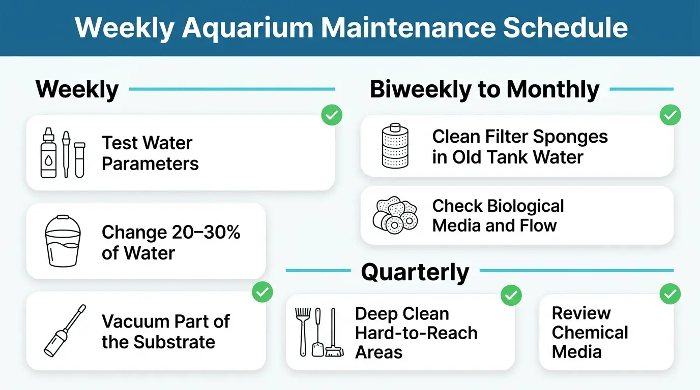 Aquarium maintenance checklist showing water testing, partial water changes, substrate cleaning, filter care, and routine nutrient management.