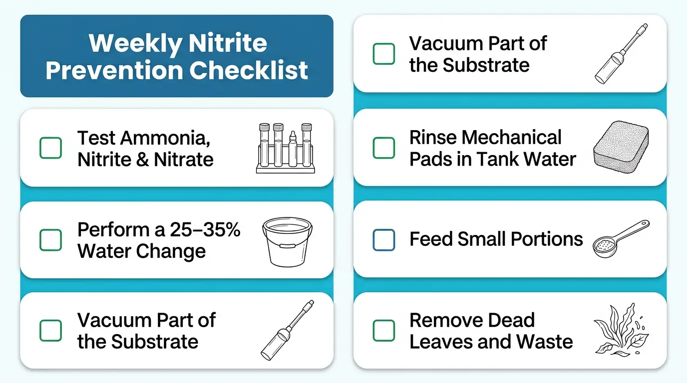 Educational aquarium maintenance checklist showing weekly testing, water changes, filter care, waste removal, and controlled feeding.