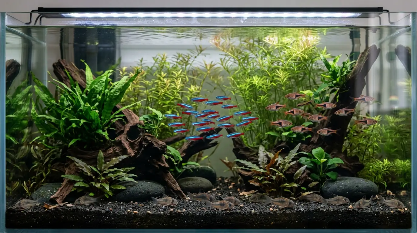 Neon tetras swimming peacefully with similarly sized community fish in a planted aquarium with gentle flow and dense cover.