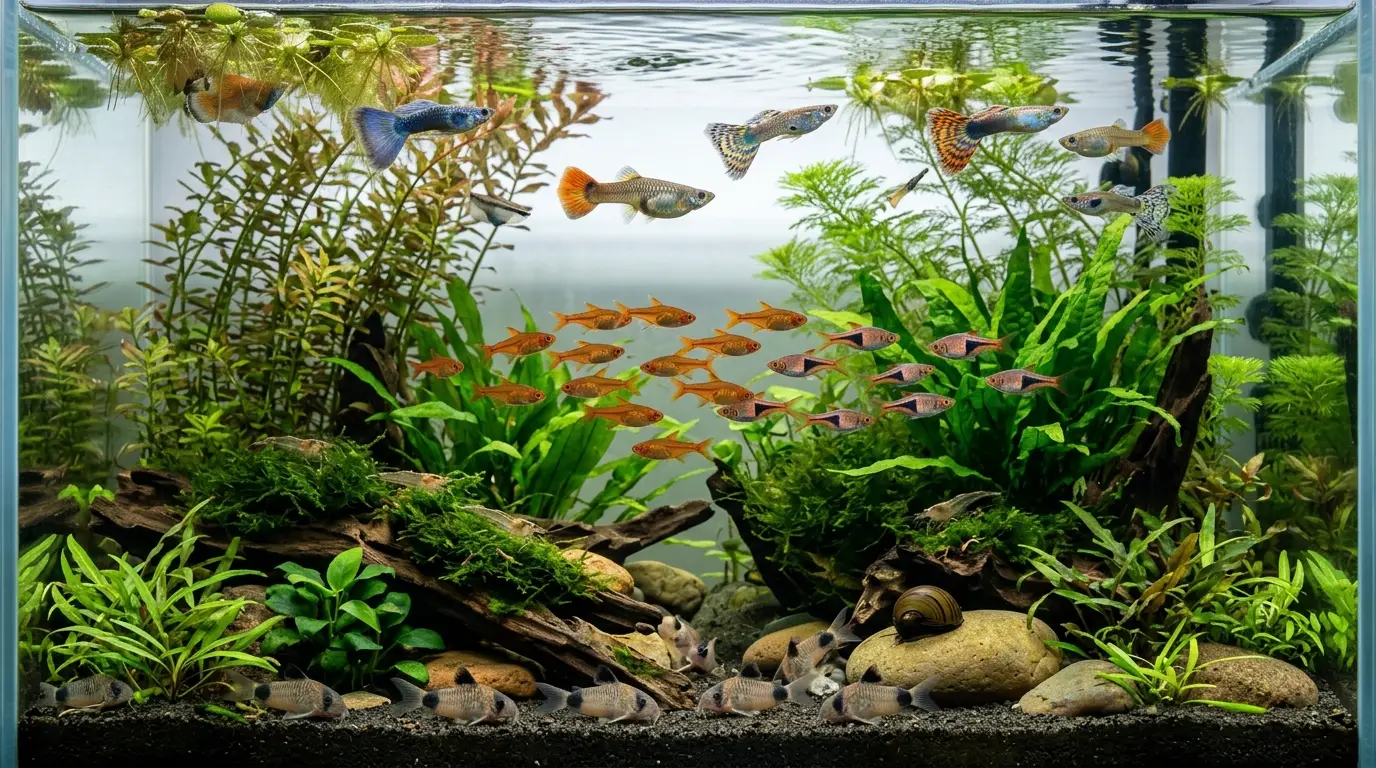 Guppies sharing a peaceful planted aquarium with midwater schooling fish and bottom-dwelling tank mates