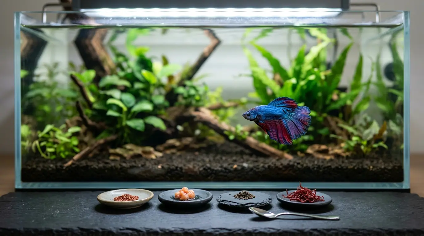 High-quality betta pellets, frozen daphnia, brine shrimp, and bloodworms beside a healthy betta aquarium