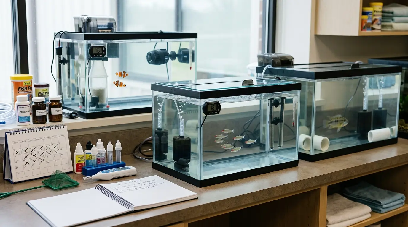 Different aquarium fish species and quarantine conditions illustrating factors that can extend quarantine beyond four weeks