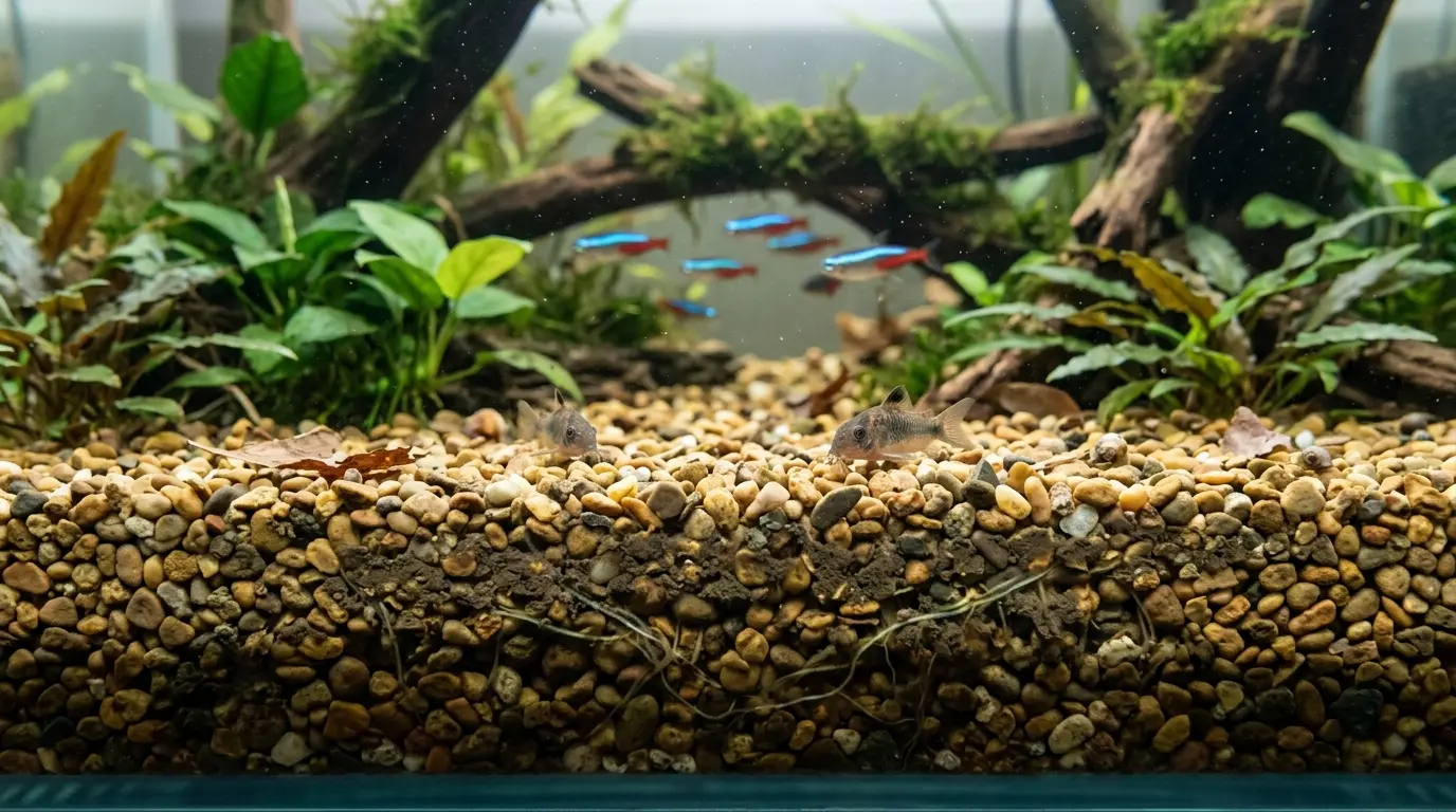Aquarium gravel containing visible fish waste, leftover food, plant debris, and mulm beneath healthy fish and plants