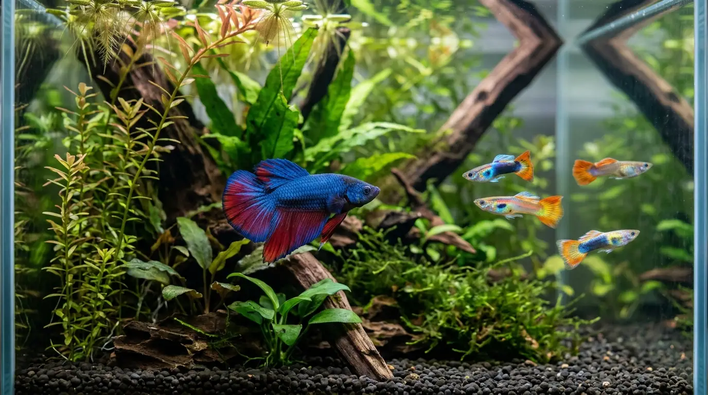 A male betta observing colorful guppies near planted cover in a community aquarium