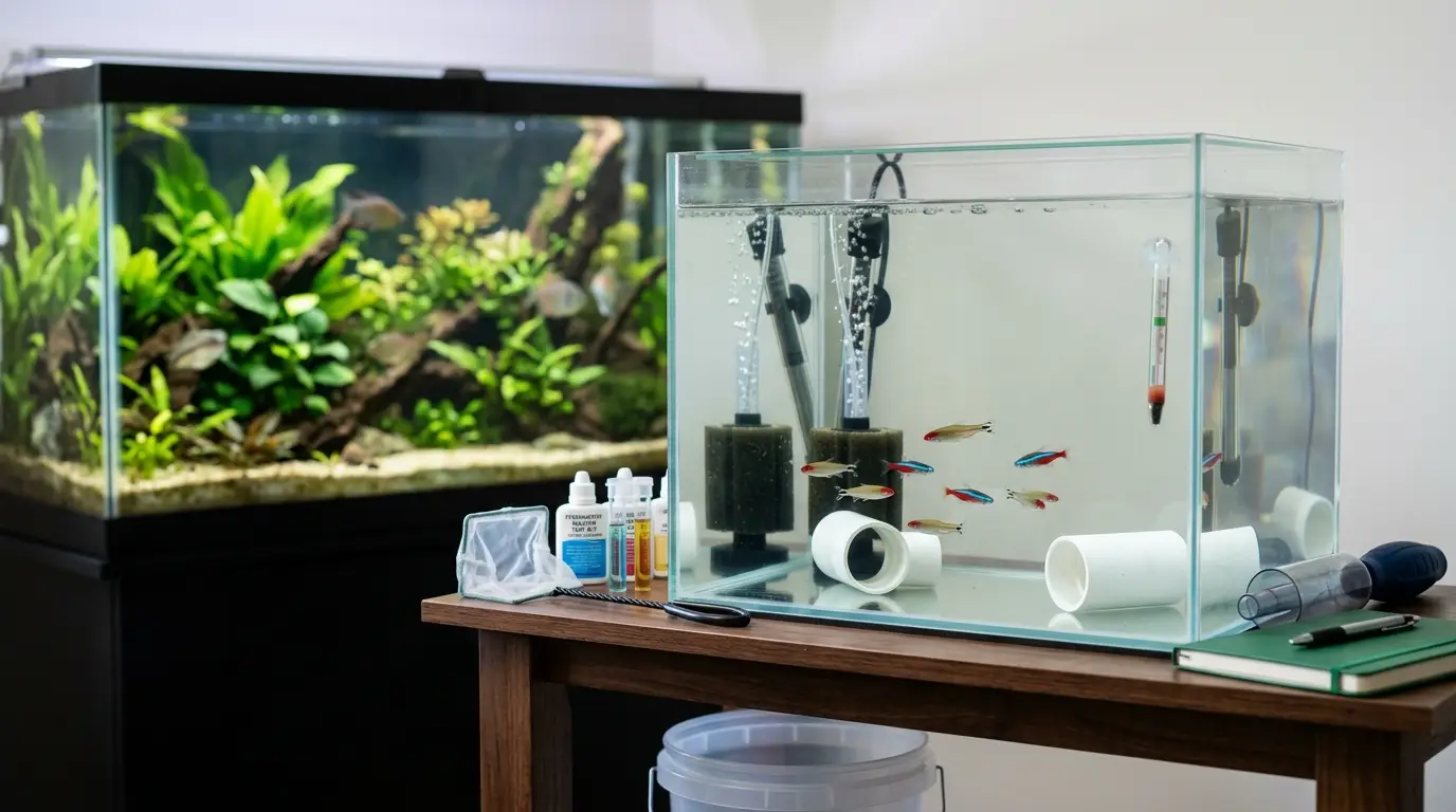 Healthy new aquarium fish being observed in a separate quarantine tank to prevent disease from reaching the display aquarium