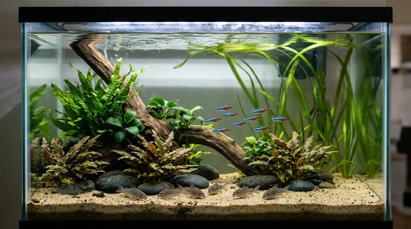Peaceful 20-gallon community aquarium containing neon tetras, corydoras, plants, and open swimming areas.
