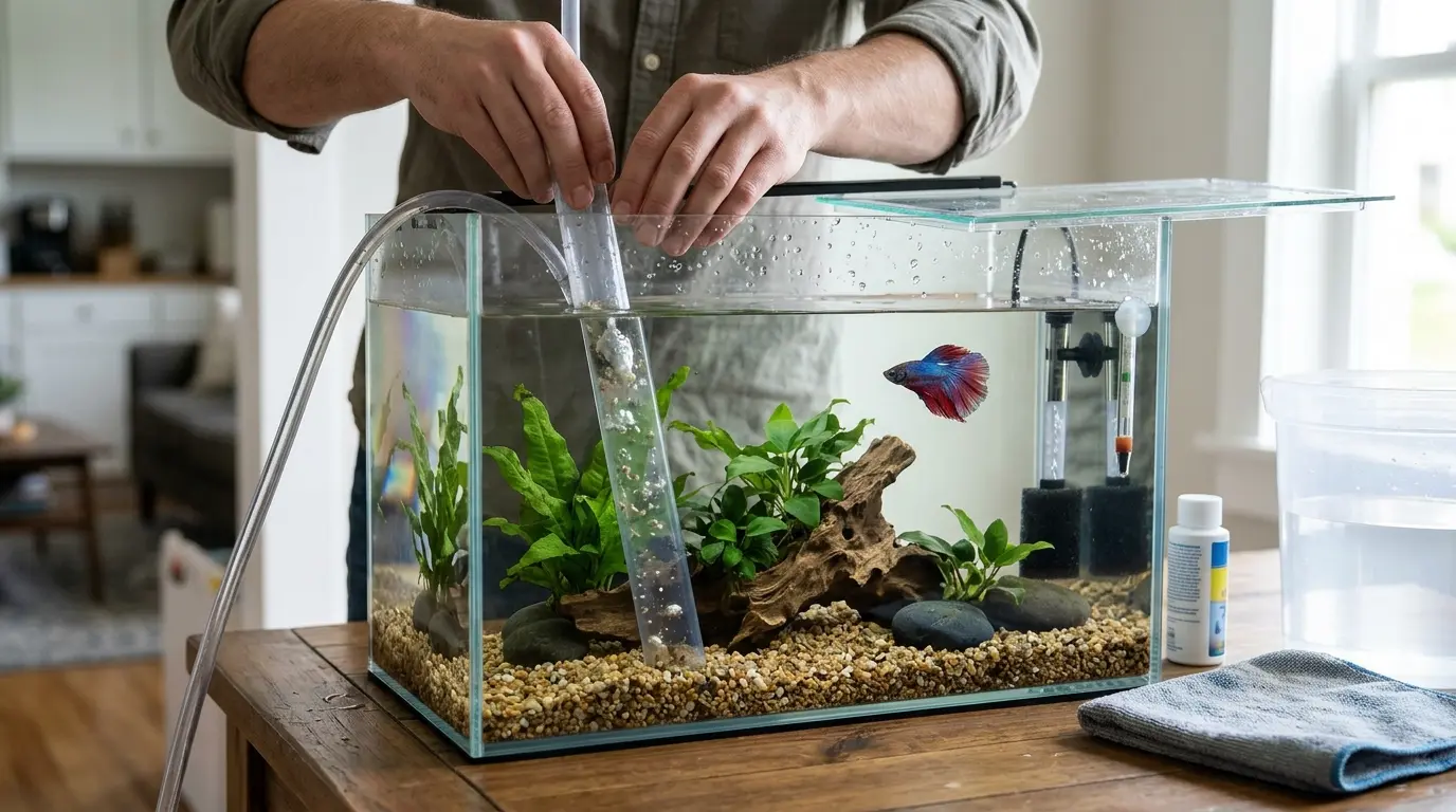 Aquarist performing a careful partial water change and substrate cleaning in a 5-gallon freshwater aquarium.
