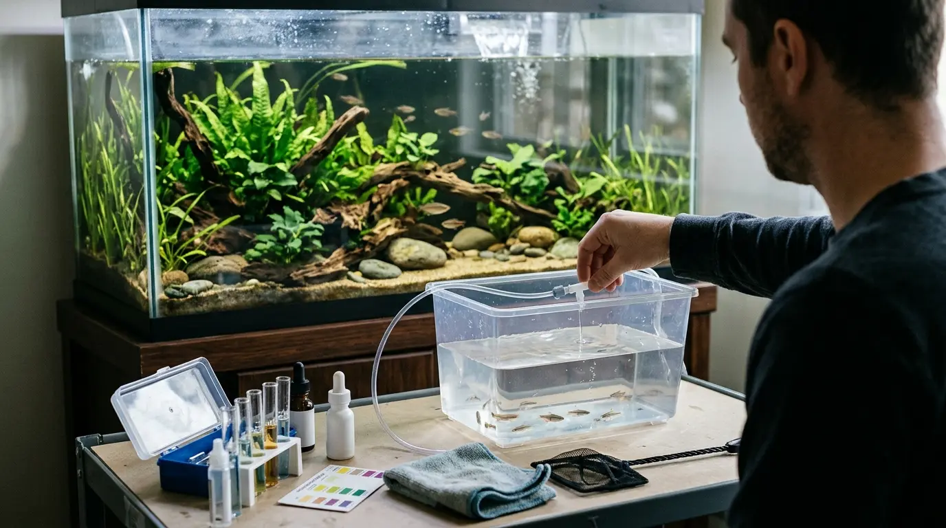 Aquarist carefully acclimating new fish before adding them gradually to an established 55-gallon aquarium.