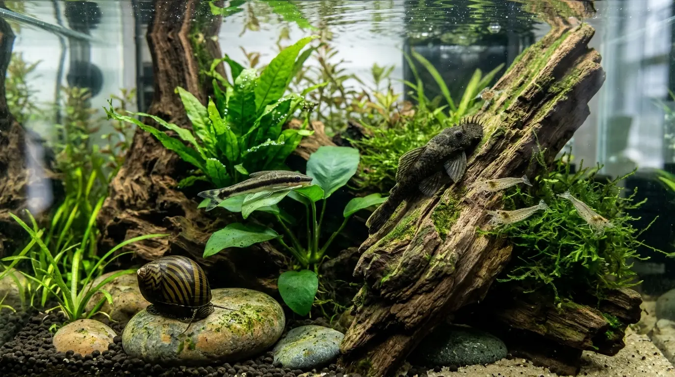 Nerite snail, freshwater shrimp, otocinclus catfish, and bristlenose pleco shown in suitable freshwater aquarium environments.