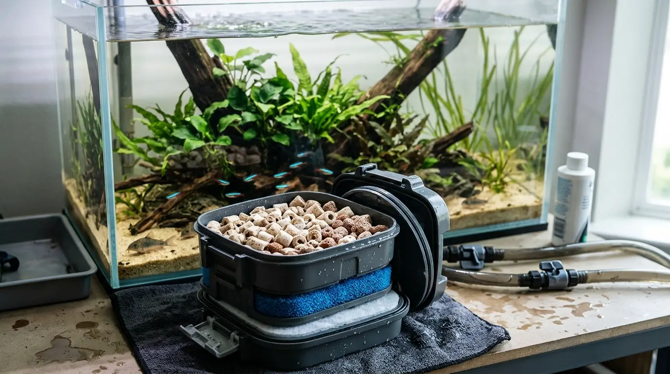 Aquarium filter sponge and biological media providing surfaces for beneficial bacteria during the nitrogen cycle.