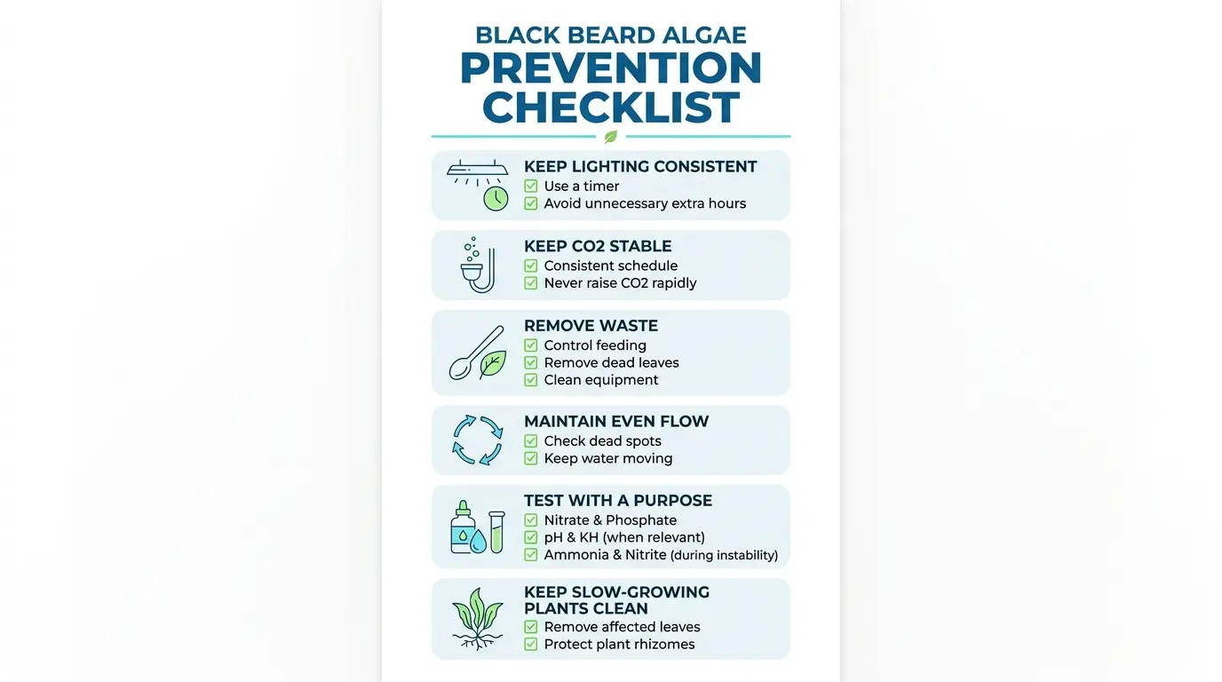 Aquarium maintenance checklist covering stable lighting, CO2, waste removal, water testing, circulation, and plant care.