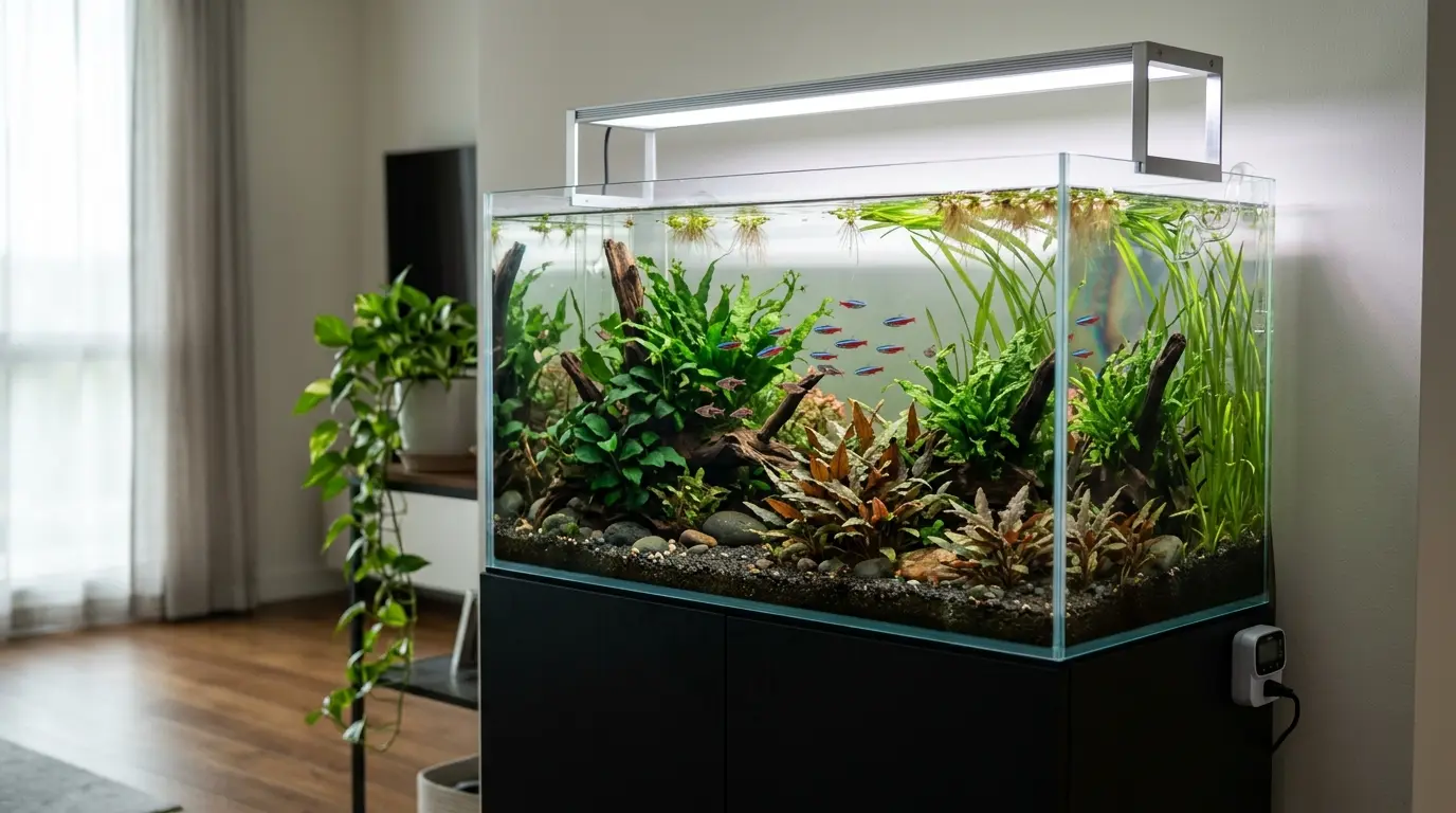 Healthy planted aquarium positioned away from direct sunlight with a consistent aquarium light and timer.