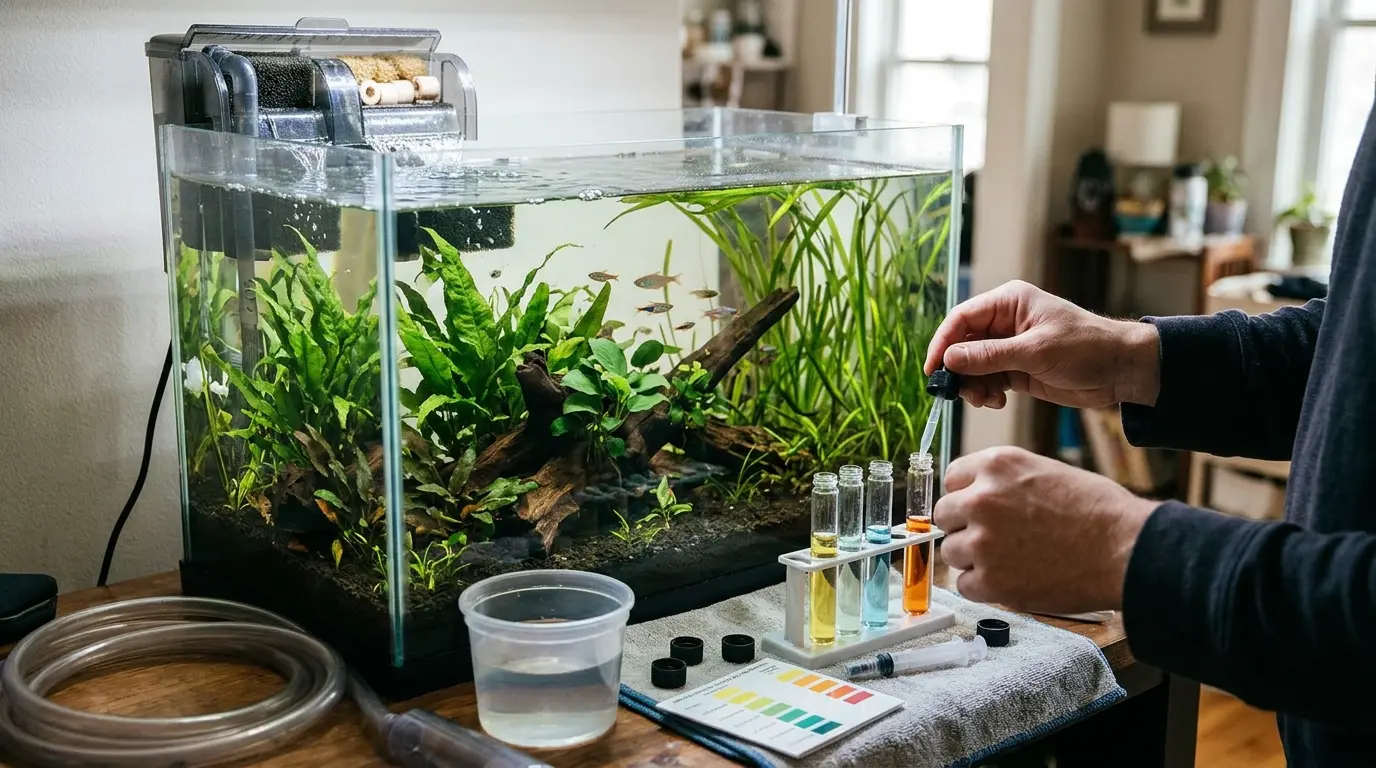 Aquarist testing water and maintaining biological filtration in a fully cycled planted 20-gallon aquarium.