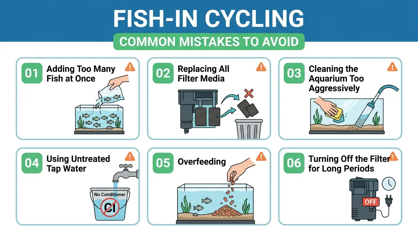 Aquarium maintenance mistakes including overfeeding, replacing filter media, and overcrowding that can disrupt a biological cycle.