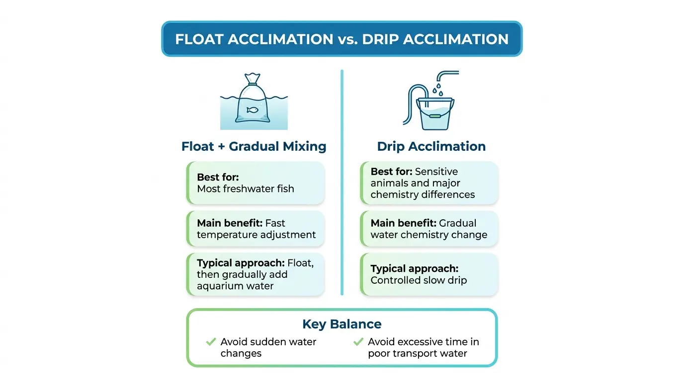 Comparison of float acclimation and drip acclimation methods for aquarium fish and invertebrates.