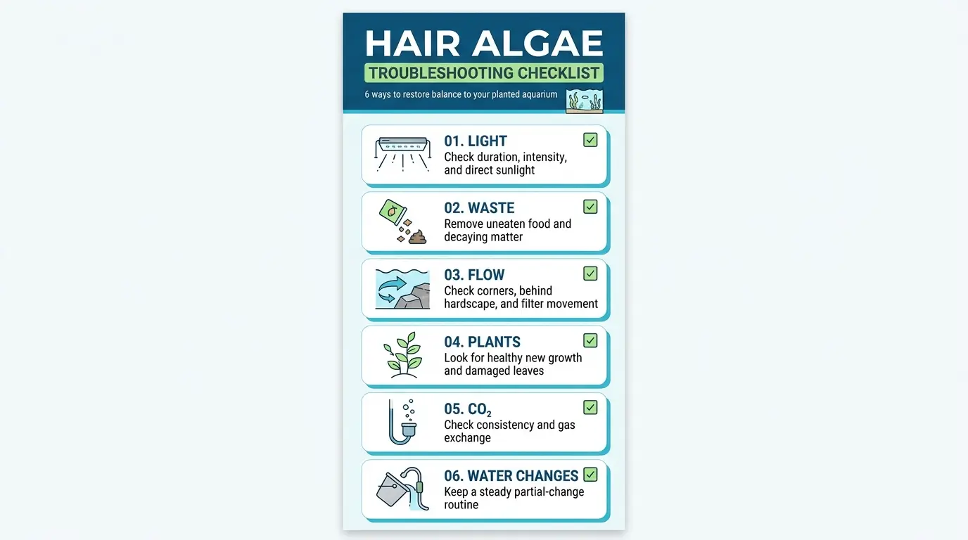Educational checklist showing light, waste, water flow, plant health, CO2, and maintenance factors for controlling aquarium hair algae.