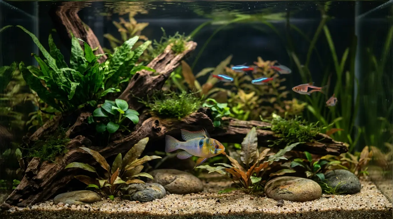 Newly acclimated freshwater fish exploring a clean planted aquarium under calm low lighting.