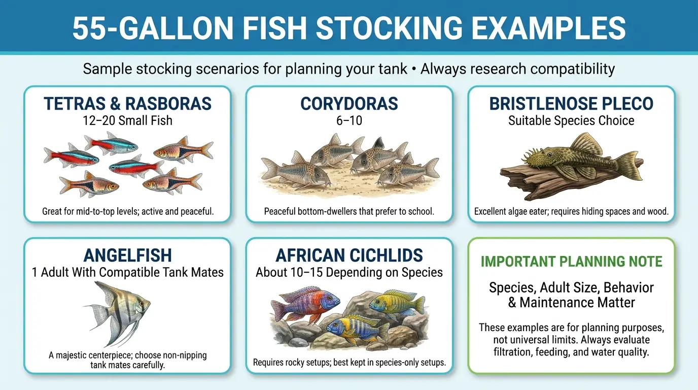 Comparison of tetras, corydoras, bristlenose pleco, angelfish, and African cichlids for 55-gallon aquarium planning.