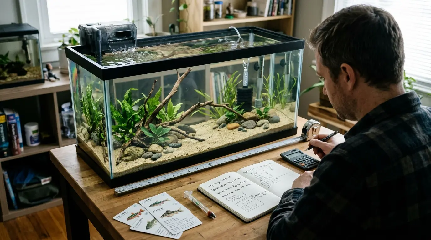 Aquarist measuring a 20-gallon aquarium and planning fish stocking based on adult size, behavior, swimming space, and water needs.