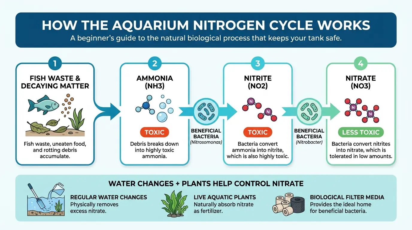 Freshwater aquarium nitrogen cycle showing ammonia changing to nitrite and then nitrate through beneficial bacteria.