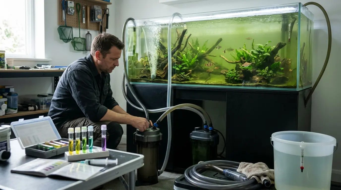 Aquarist treating a green-water aquarium with water testing, controlled lighting, aeration, and a closed UV clarifier.
