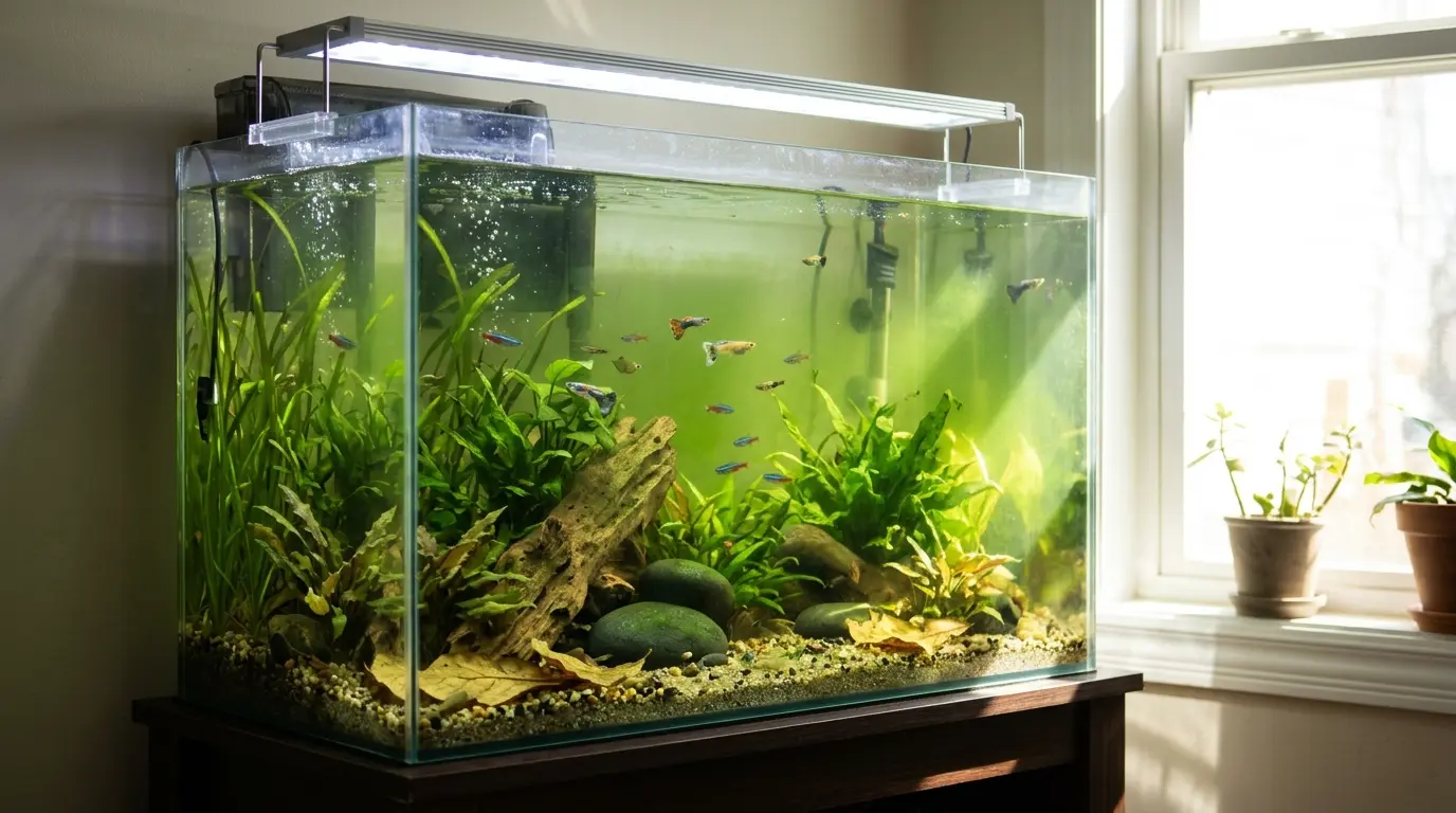 Aquarium receiving excessive light while fish waste and uneaten food contribute nutrients to a green-water algae bloom.