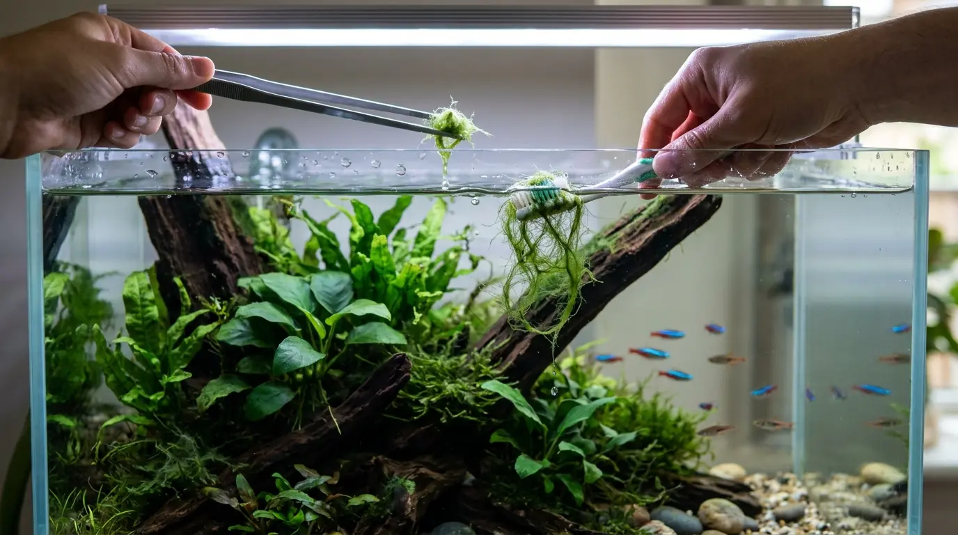 Aquarist removing long green hair algae from aquarium plants using a toothbrush and plant tweezers.
