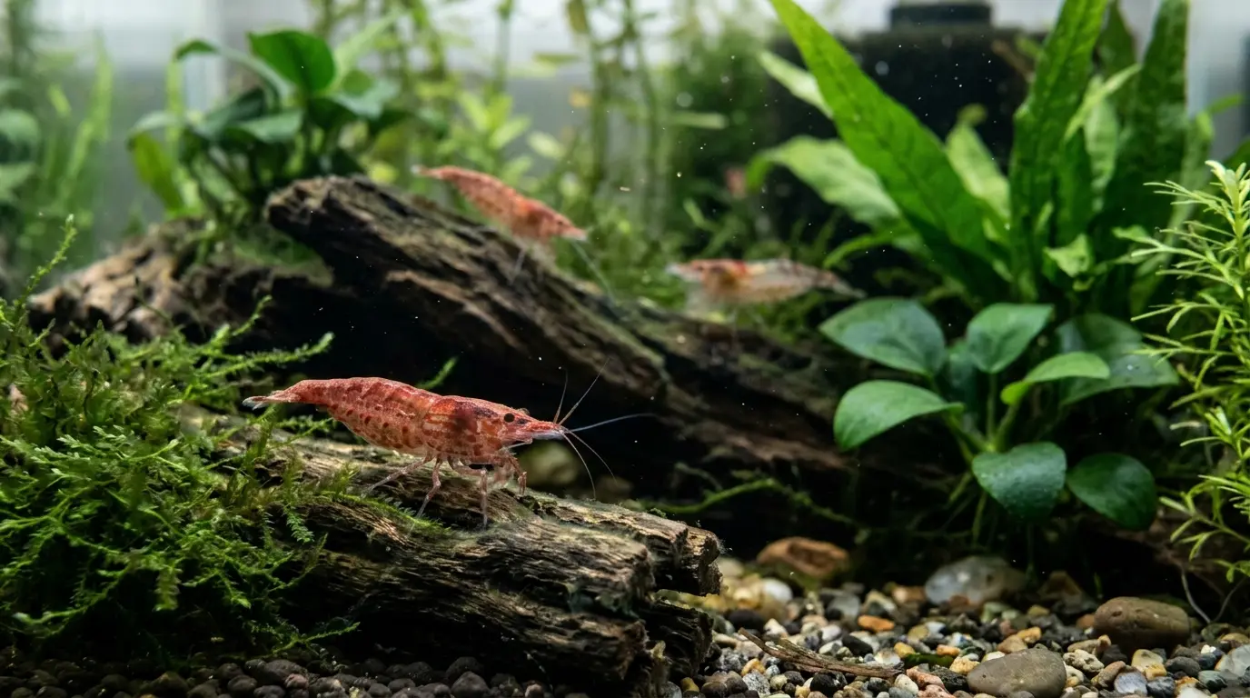 A small group of Neocaridina shrimp grazing on plants and driftwood in a mature 5-gallon aquarium.