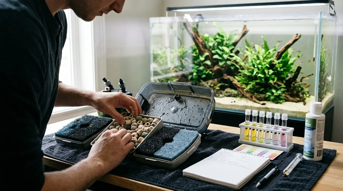 Aquarist inspecting aquarium filter media, water testing equipment, and biological filtration during a slow nitrogen cycle.
