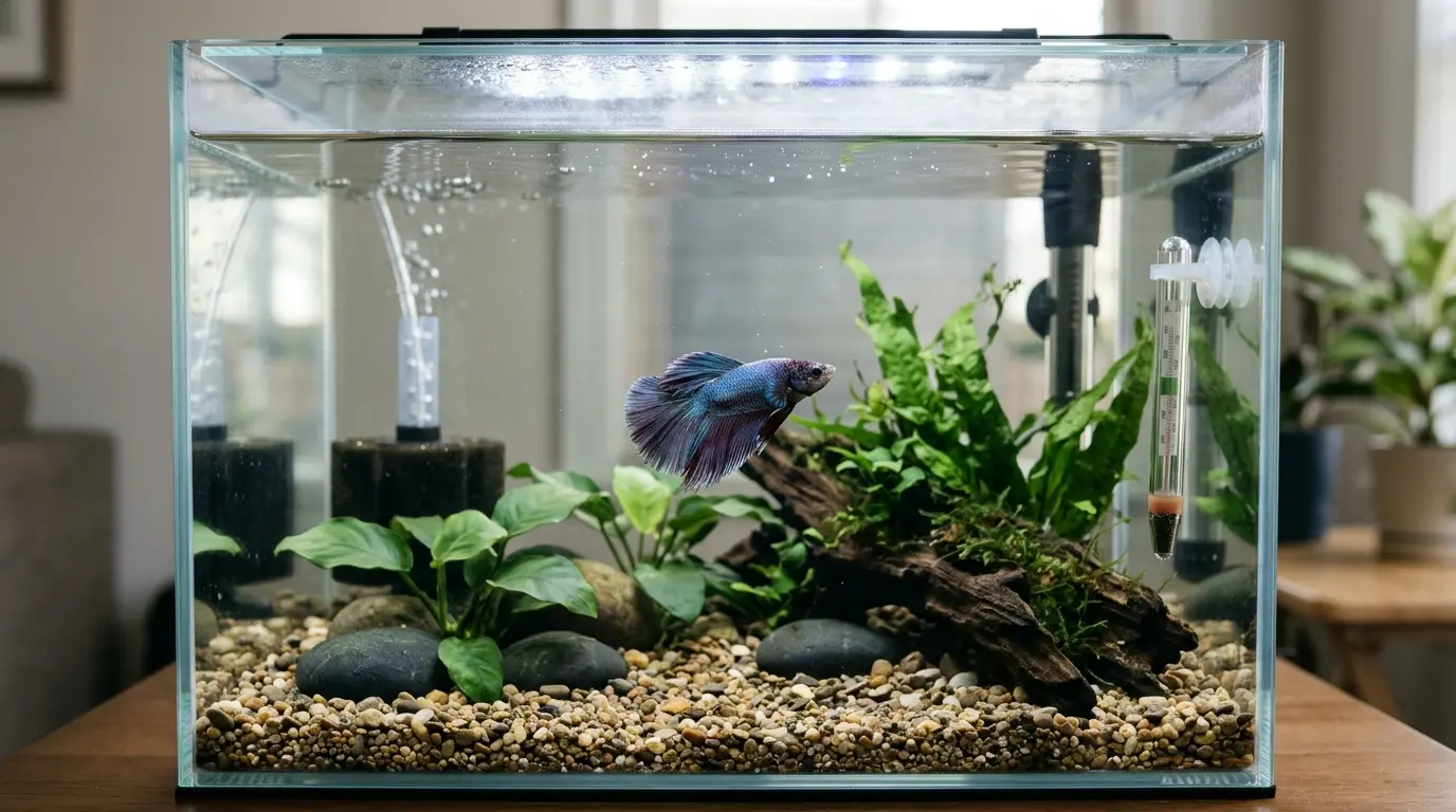 A healthy betta exploring a planted 5-gallon aquarium with gentle filtration, heater, and open swimming space.