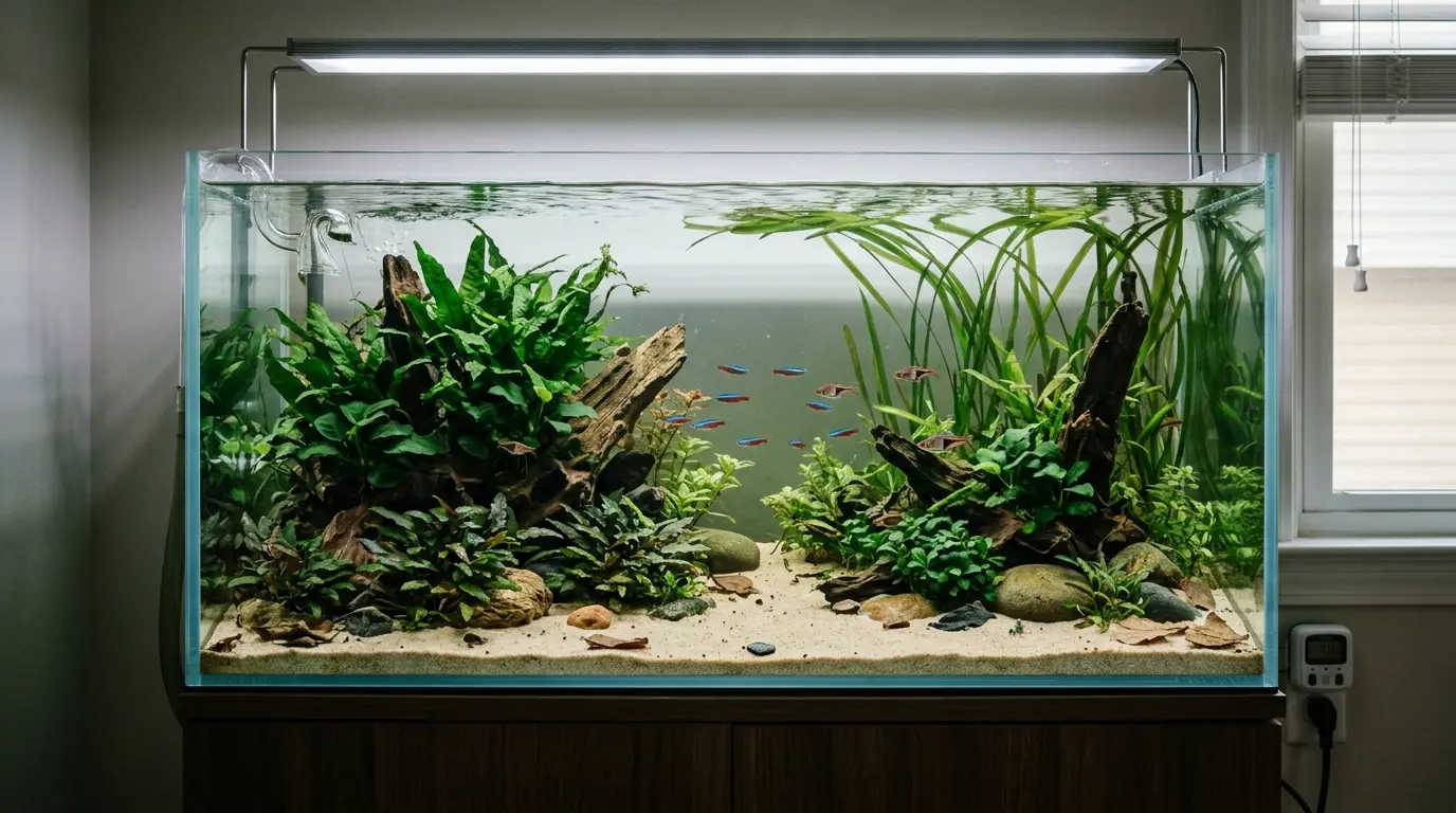 Healthy planted freshwater aquarium with controlled lighting, balanced stocking, strong plant growth, and clean filtration.