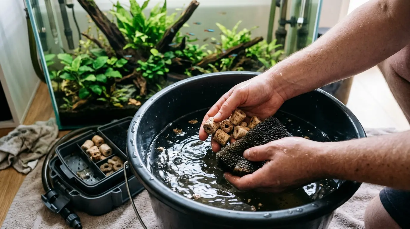 Aquarist gently rinsing aquarium filter media in removed tank water to protect beneficial bacteria.